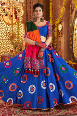 Blue Viscose Cotton Mirror Embroidered Flared Chaniya Choli