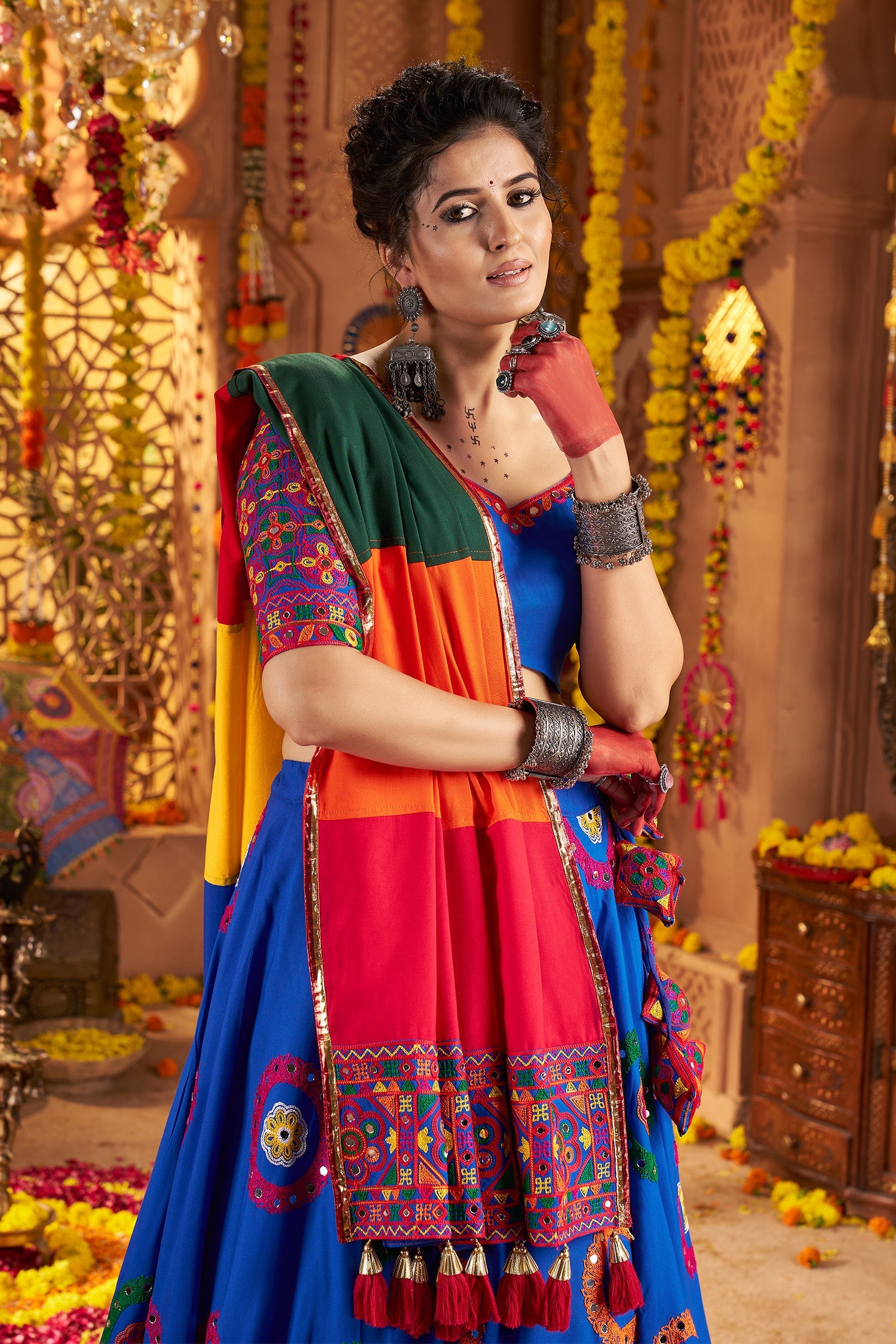 Blue Viscose Cotton Mirror Embroidered Flared Chaniya Choli
