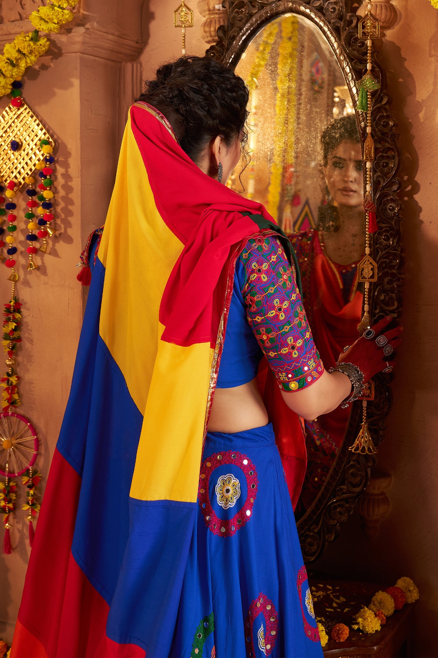 Blue Viscose Cotton Mirror Embroidered Flared Chaniya Choli