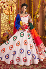 Off White Viscose Cotton Mirror Embroidered Flared Chaniya Choli