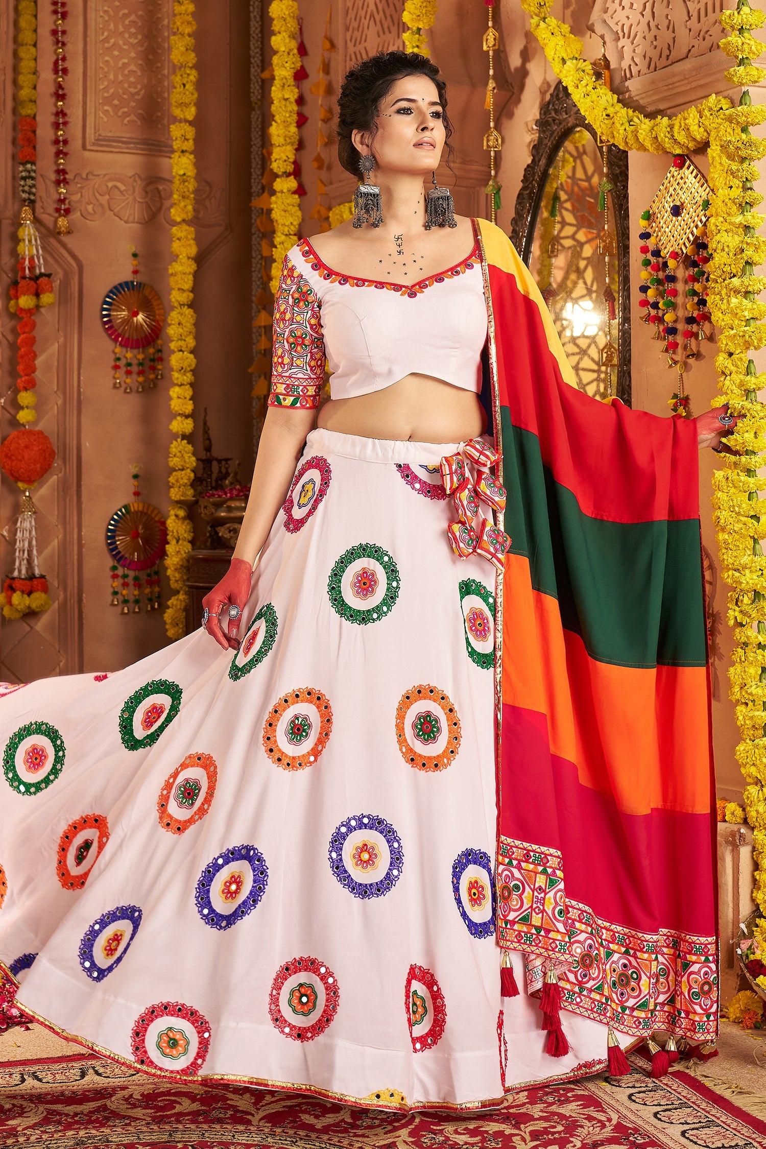 Off White Viscose Cotton Mirror Embroidered Flared Chaniya Choli