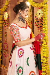 Off White Viscose Cotton Mirror Embroidered Flared Chaniya Choli