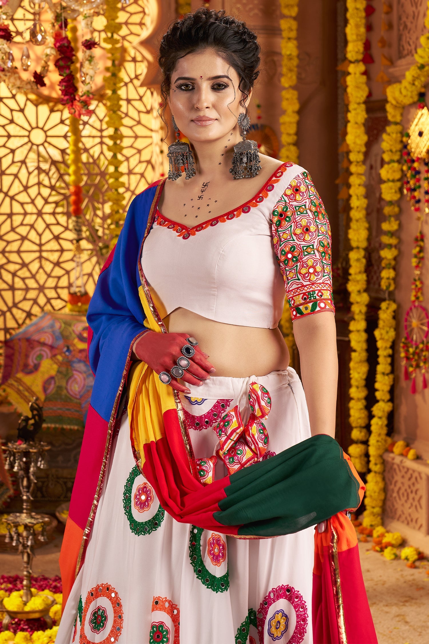 Off White Viscose Cotton Mirror Embroidered Flared Chaniya Choli