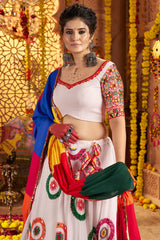 Off White Viscose Cotton Mirror Embroidered Flared Chaniya Choli