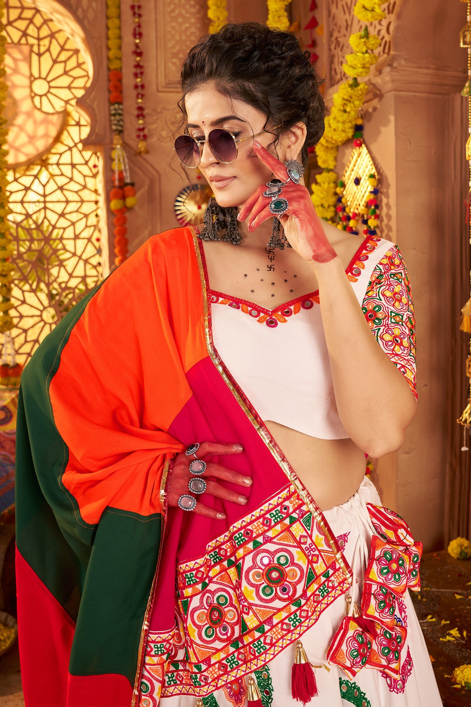 Off White Viscose Cotton Mirror Embroidered Flared Chaniya Choli