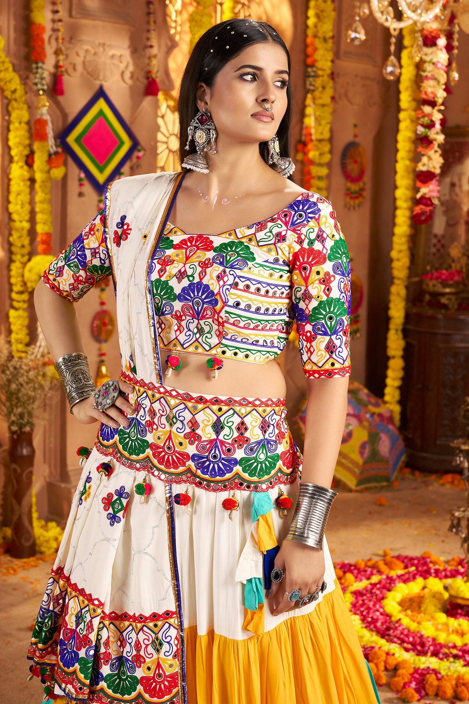 Multi Colored Flared Viscose Cotton Chaniya Choli