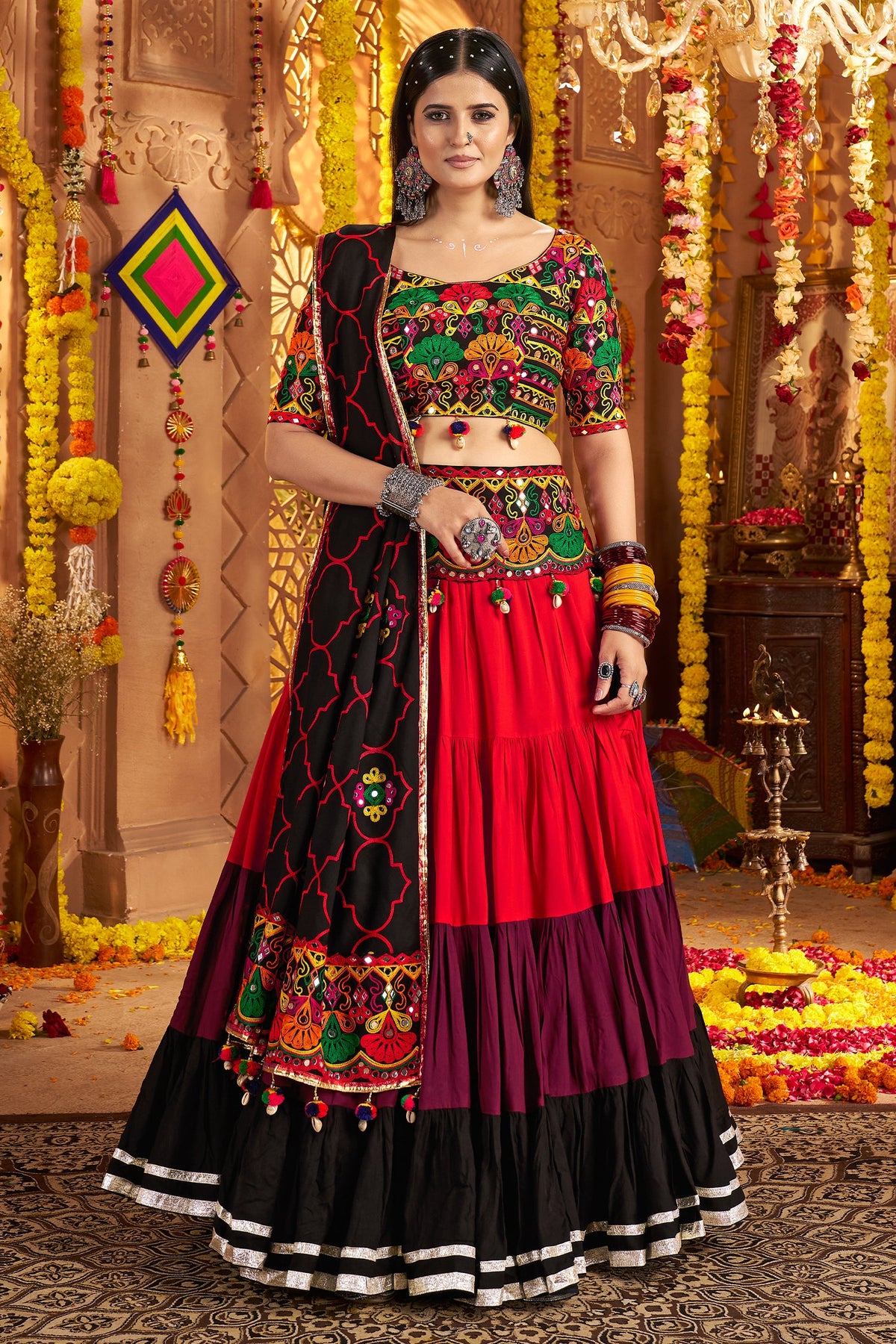 Multi Colored Flared Viscose Cotton Chaniya Choli