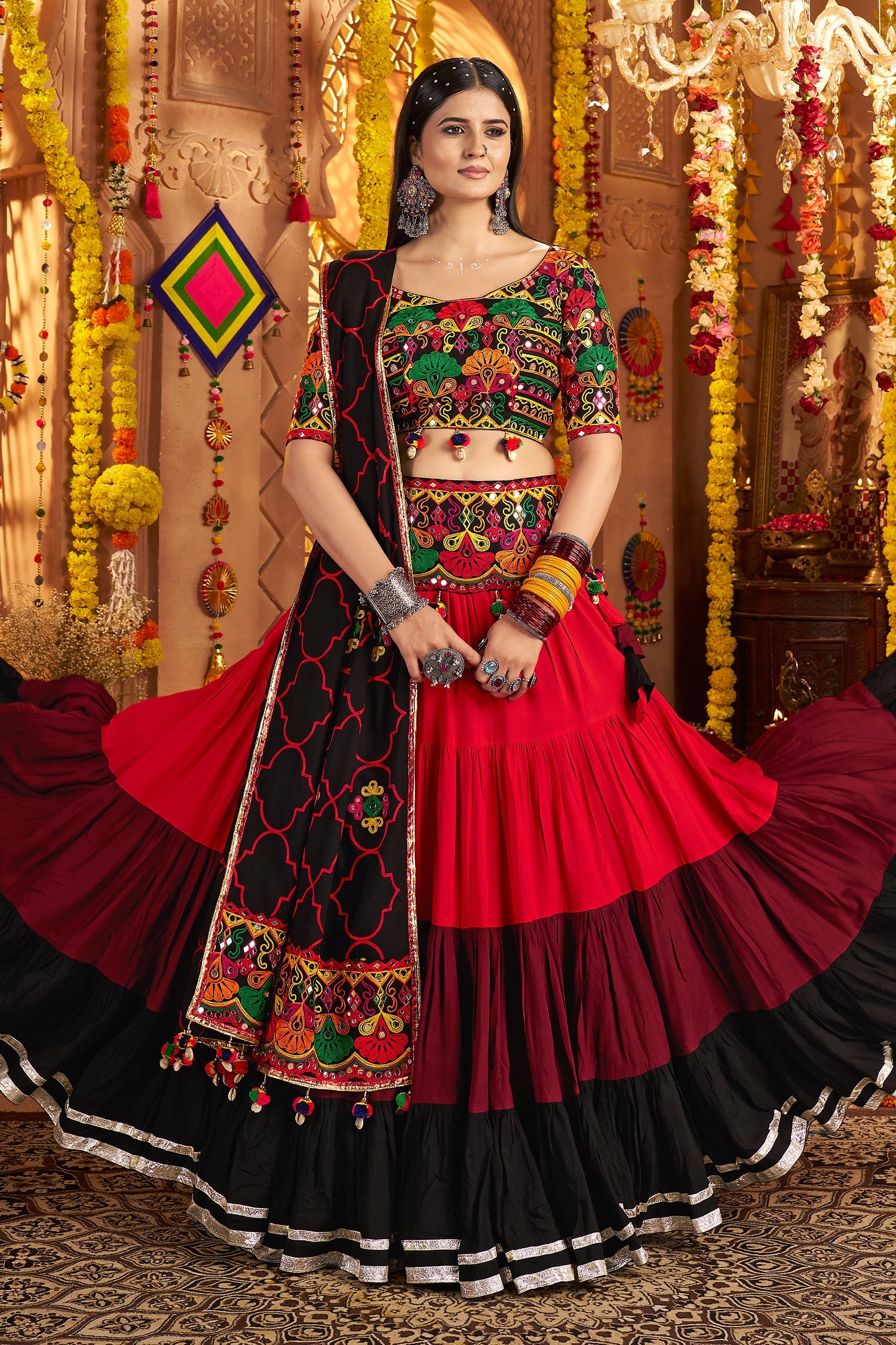 Multi Colored Flared Viscose Cotton Chaniya Choli