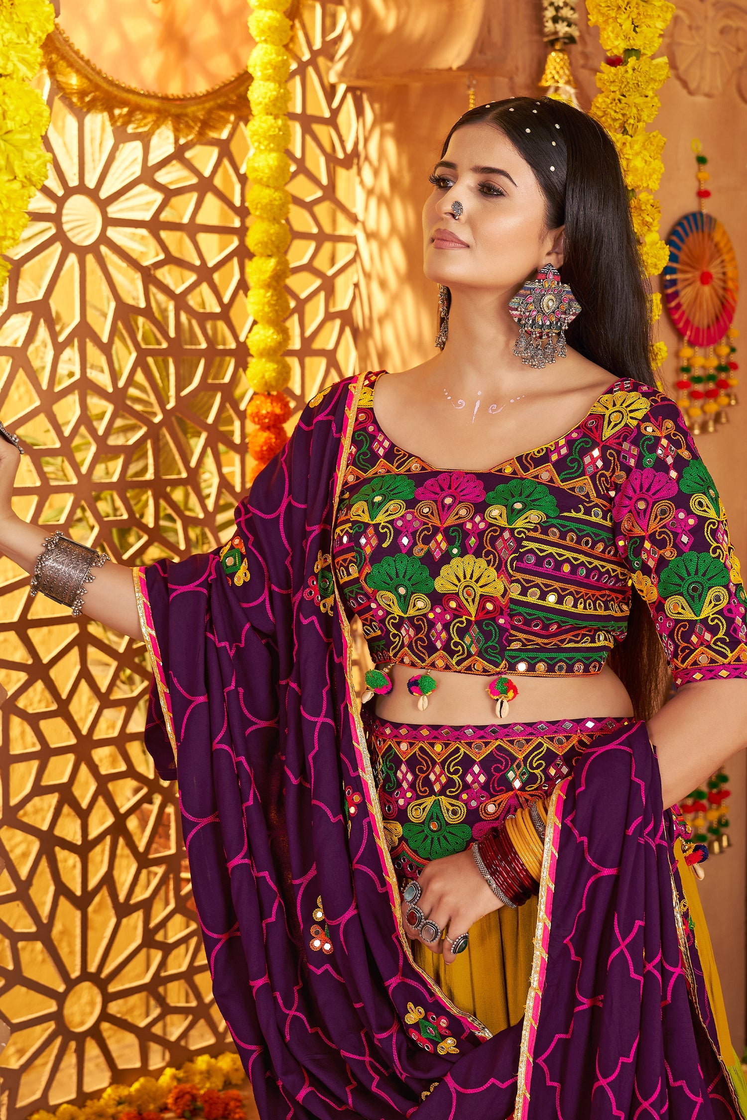 Multi Colored Flared Viscose Cotton Chaniya Choli