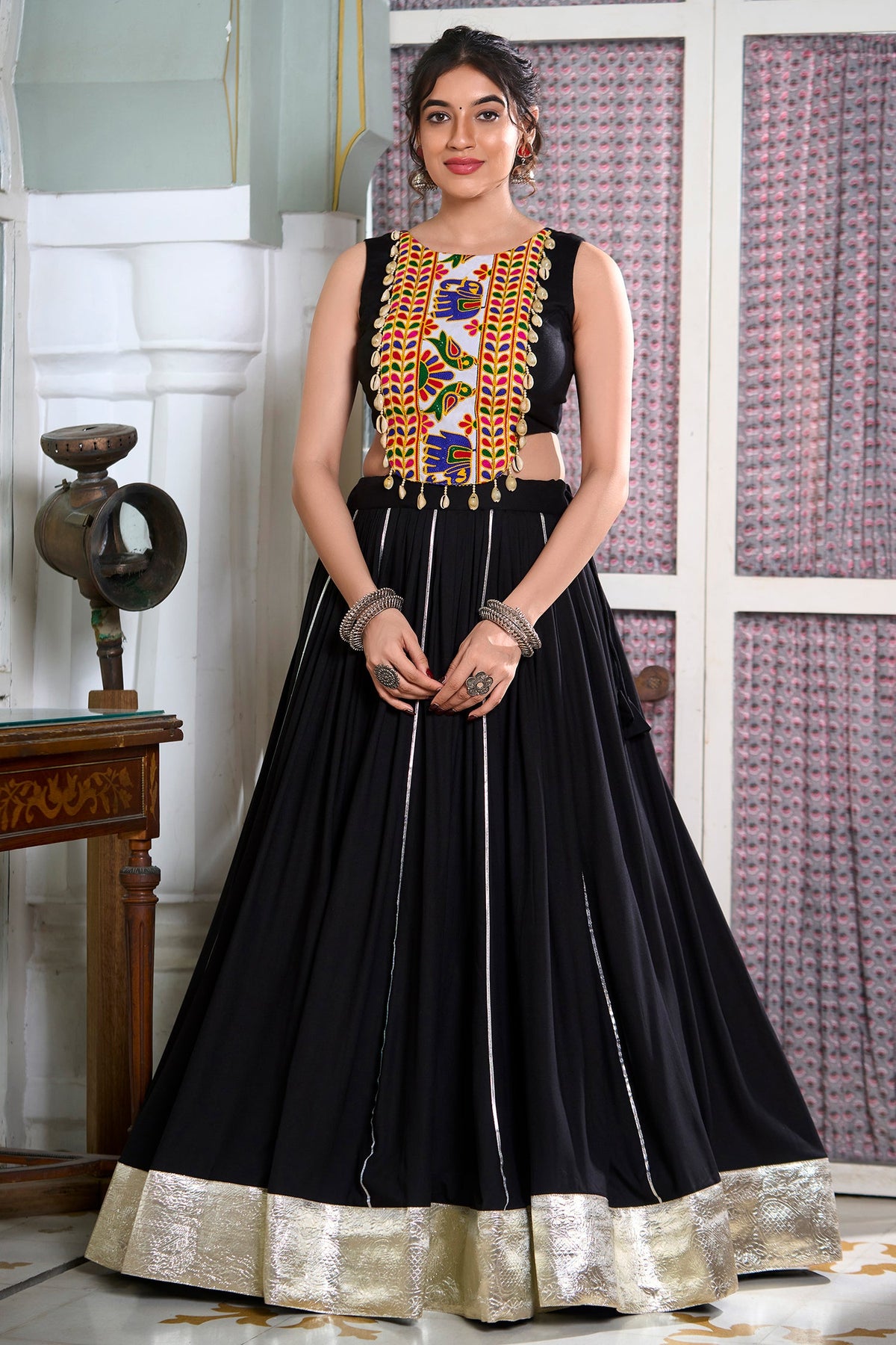 Black Rayon Flared Chaniya with Kachchi Worked Crop Top