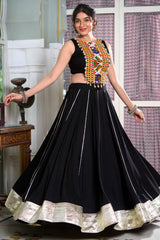 Black Rayon Flared Chaniya with Kachchi Worked Crop Top
