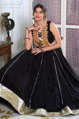 Black Rayon Flared Chaniya with Kachchi Worked Crop Top