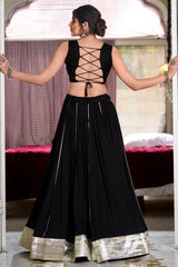 Black Rayon Flared Chaniya with Kachchi Worked Crop Top