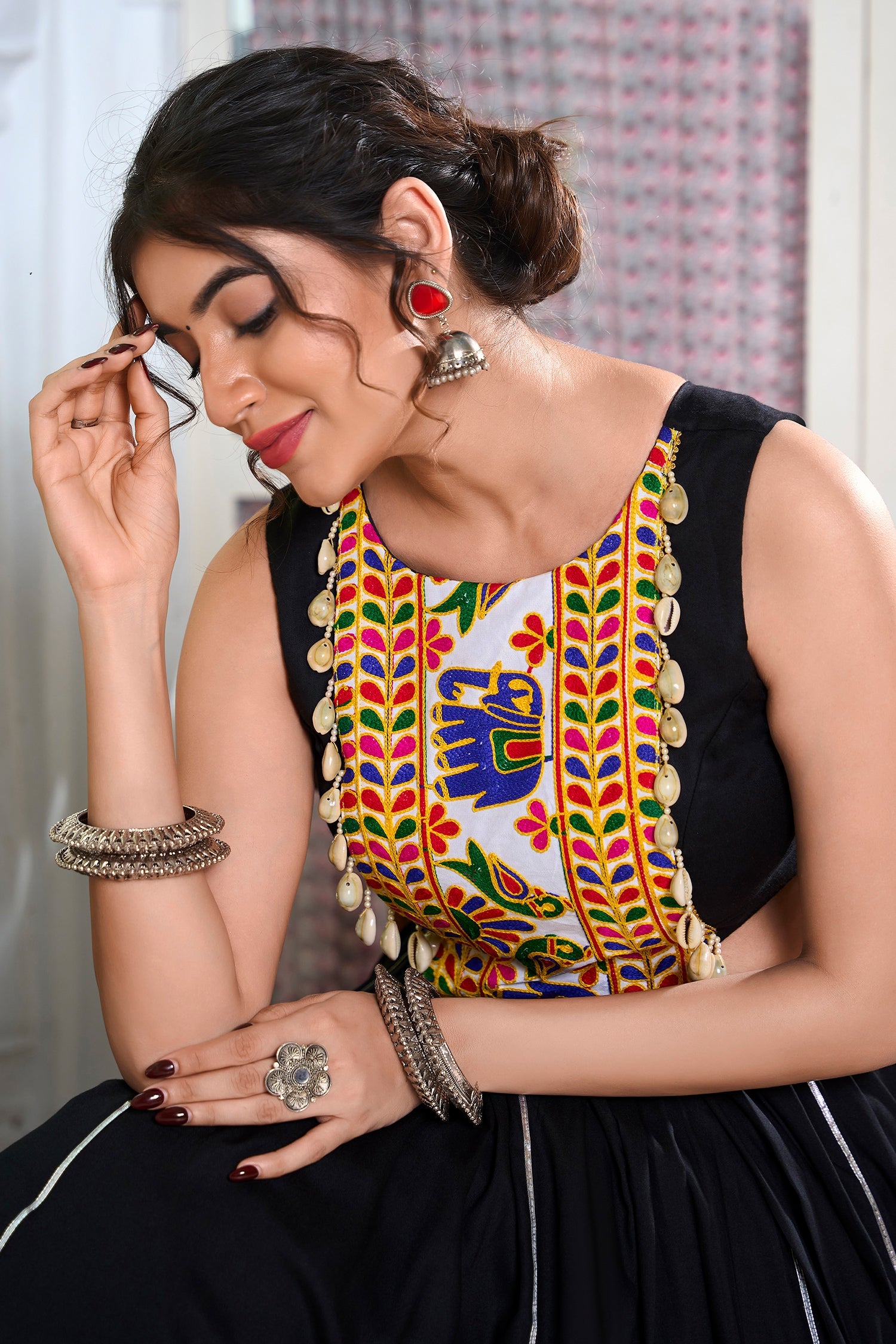 Black Rayon Flared Chaniya with Kachchi Worked Crop Top