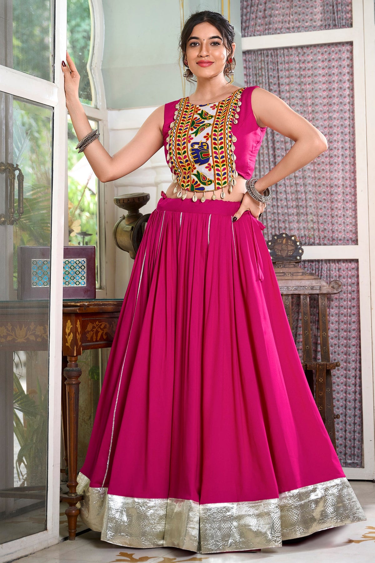 Pink Rayon Flared Chaniya with Kachchi Worked Crop Top