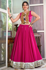 Pink Rayon Flared Chaniya with Kachchi Worked Crop Top