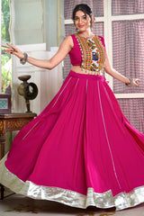 Pink Rayon Flared Chaniya with Kachchi Worked Crop Top