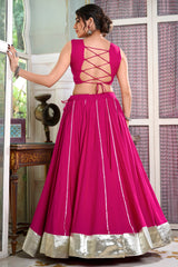 Pink Rayon Flared Chaniya with Kachchi Worked Crop Top