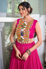 Pink Rayon Flared Chaniya with Kachchi Worked Crop Top