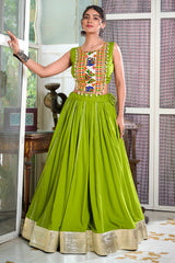 Parrot Green Rayon Flared Chaniya with Kachchi Worked Crop Top
