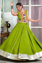 Parrot Green Rayon Flared Chaniya with Kachchi Worked Crop Top