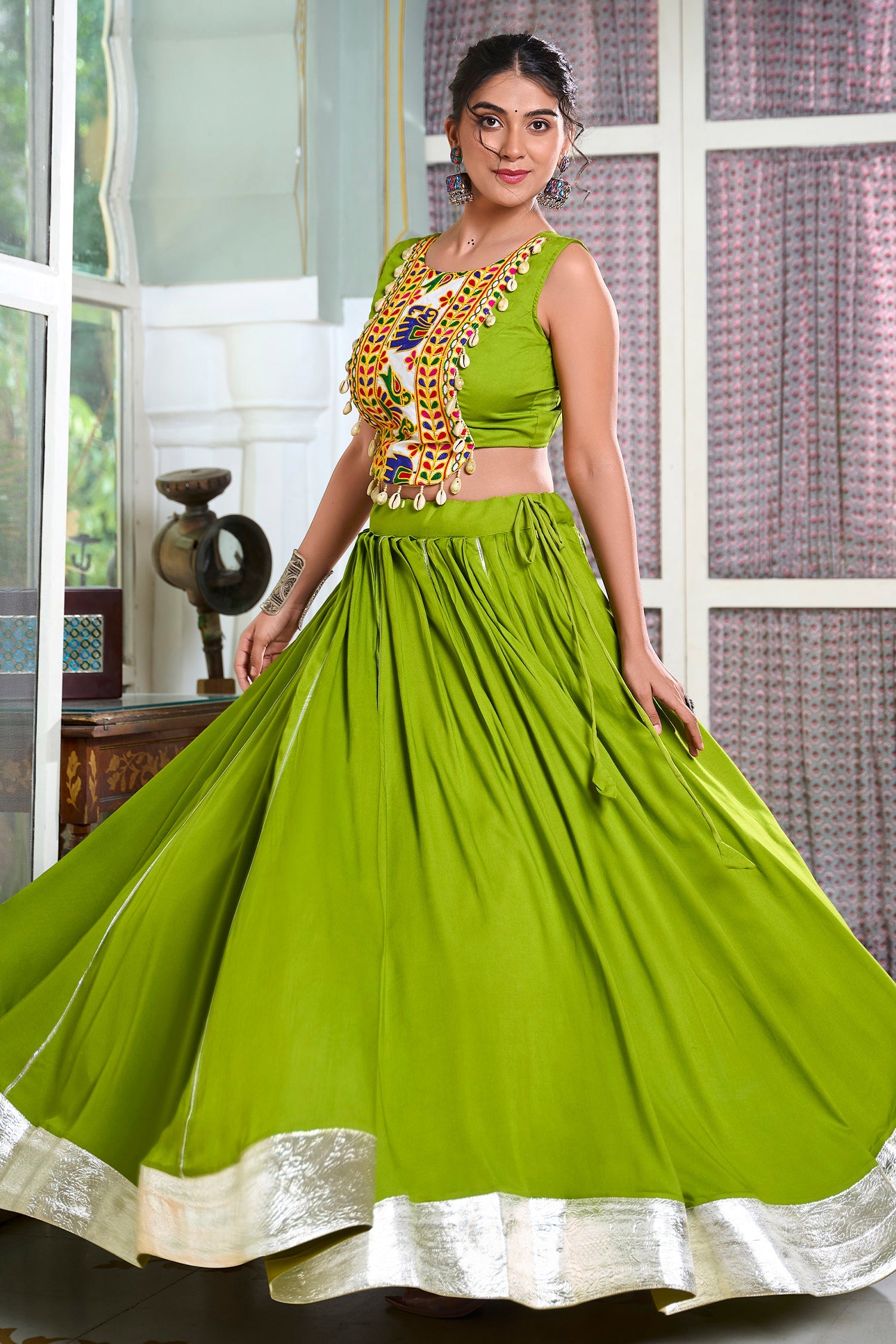 Parrot Green Rayon Flared Chaniya with Kachchi Worked Crop Top
