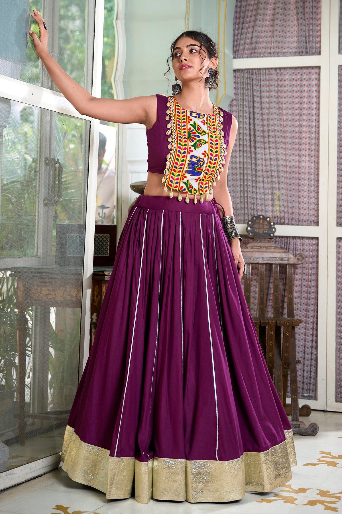Magenta Rayon Flared Chaniya with Kachchi Worked Crop Top