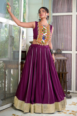 Magenta Rayon Flared Chaniya with Kachchi Worked Crop Top