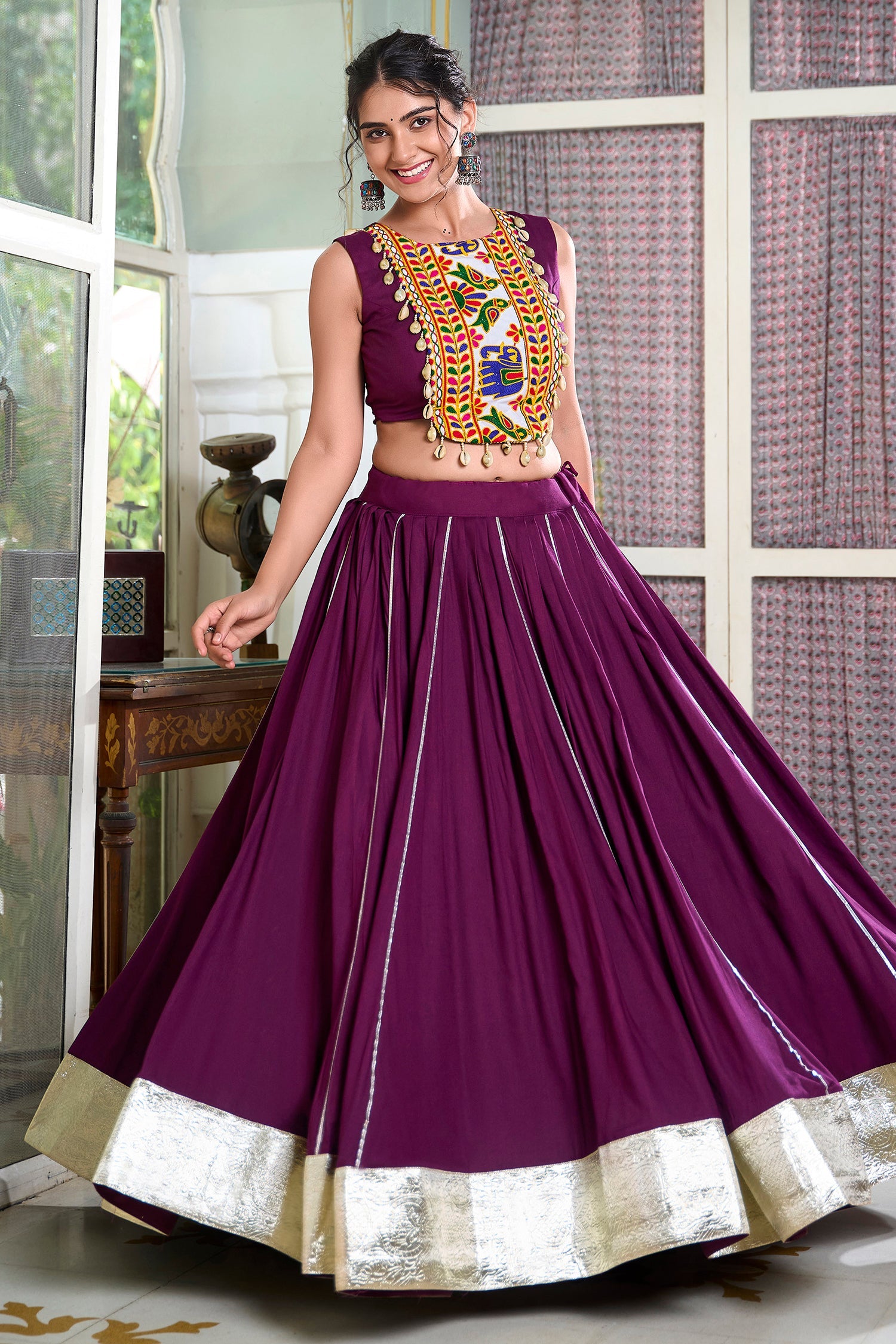 Magenta Rayon Flared Chaniya with Kachchi Worked Crop Top