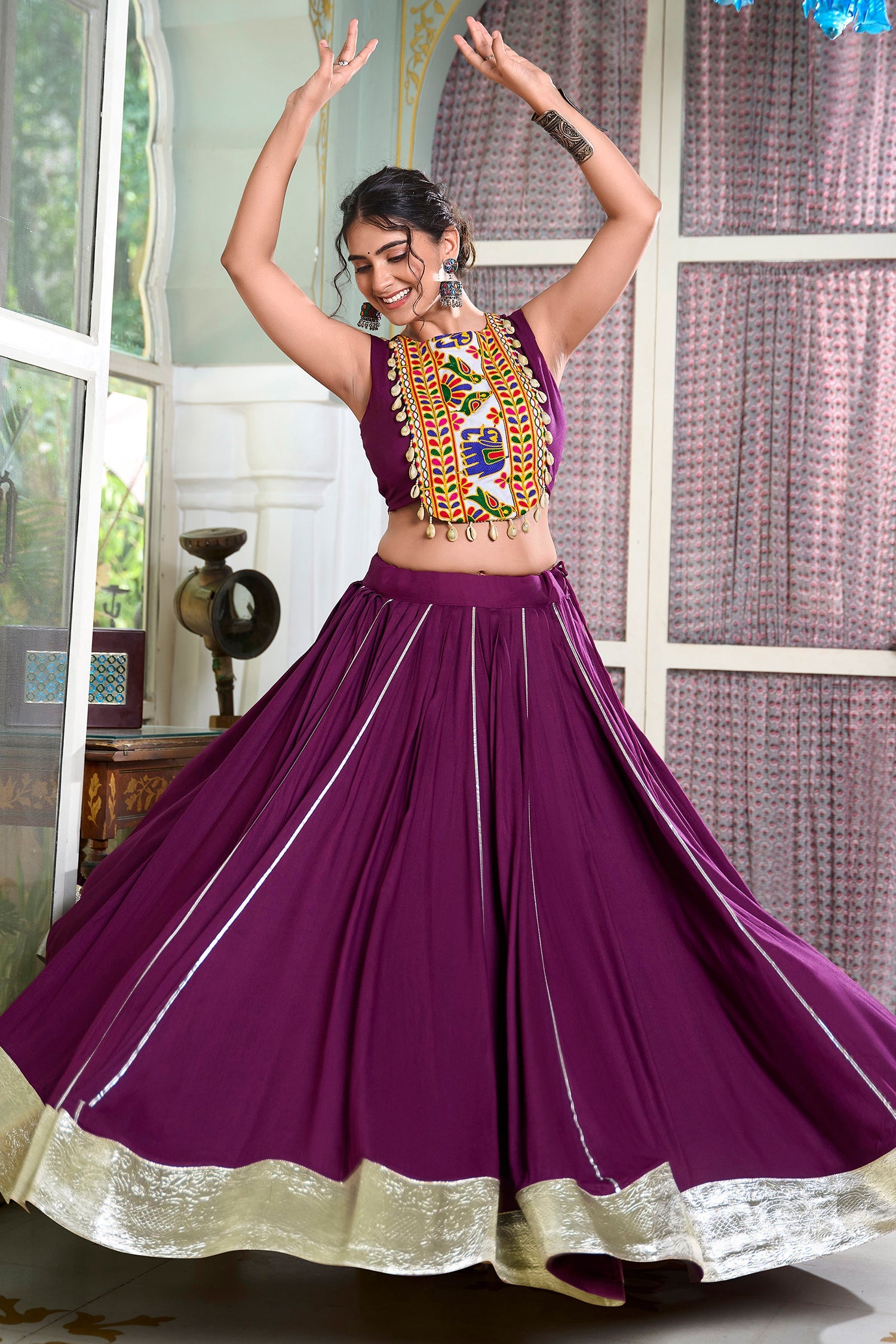 Magenta Rayon Flared Chaniya with Kachchi Worked Crop Top