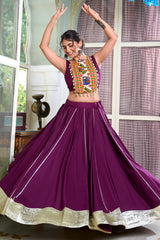 Magenta Rayon Flared Chaniya with Kachchi Worked Crop Top