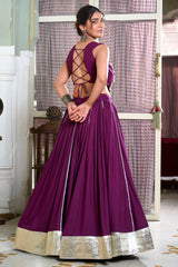 Magenta Rayon Flared Chaniya with Kachchi Worked Crop Top