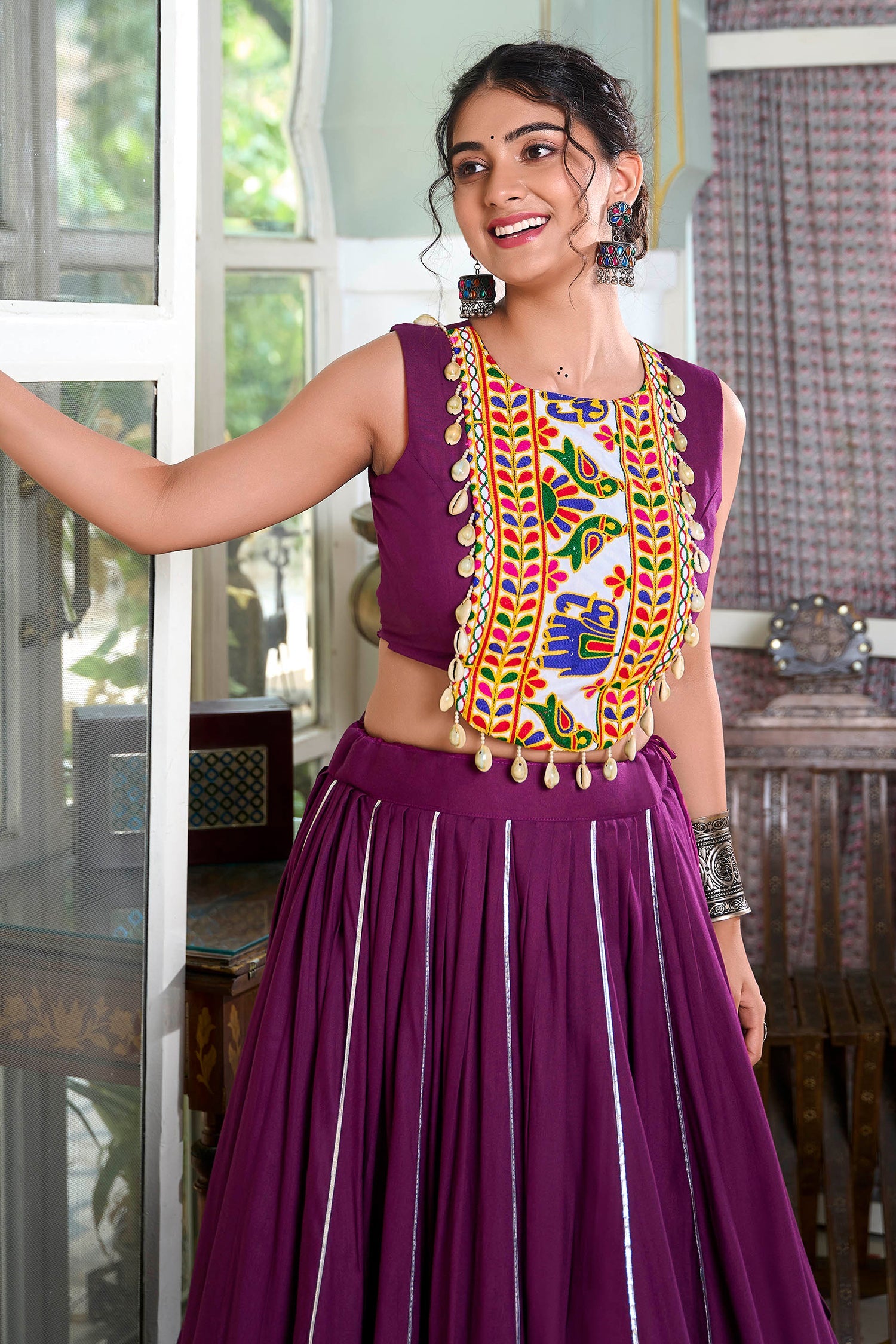 Magenta Rayon Flared Chaniya with Kachchi Worked Crop Top