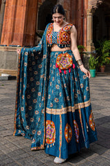 Rama Blue Rayon Printed Chaniya Choli with Kachchi Work