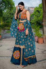 Rama Blue Rayon Printed Chaniya Choli with Kachchi Work