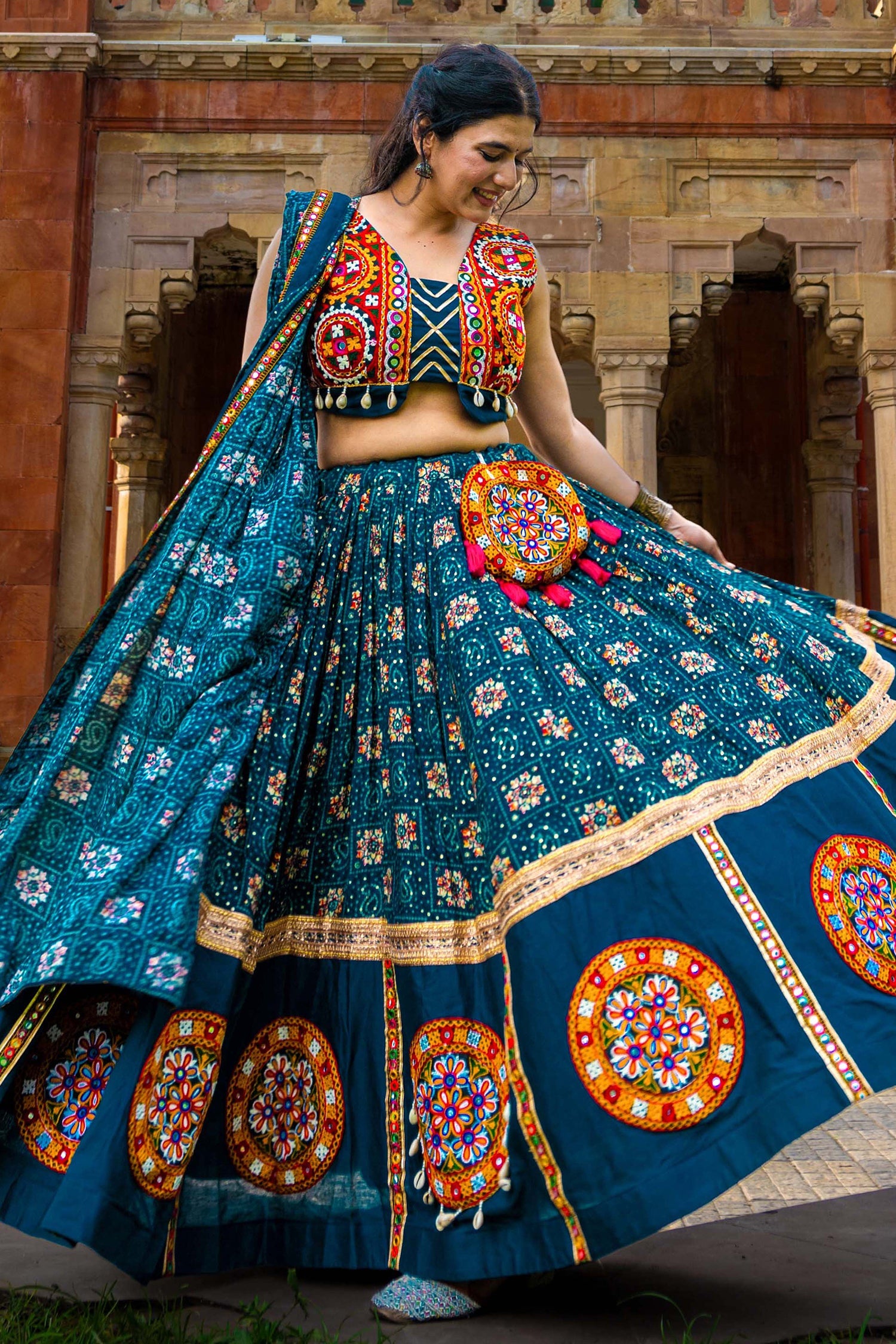 Rama Blue Rayon Printed Chaniya Choli with Kachchi Work