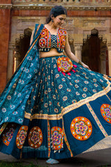 Rama Blue Rayon Printed Chaniya Choli with Kachchi Work