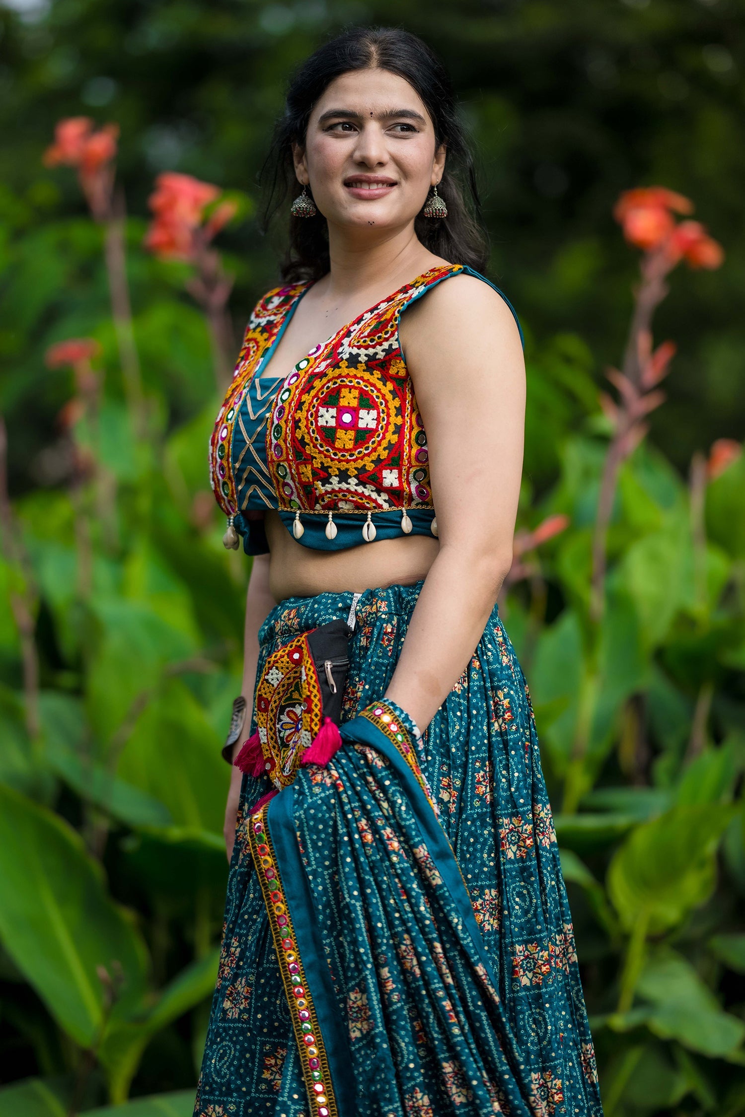 Rama Blue Rayon Printed Chaniya Choli with Kachchi Work
