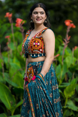 Rama Blue Rayon Printed Chaniya Choli with Kachchi Work