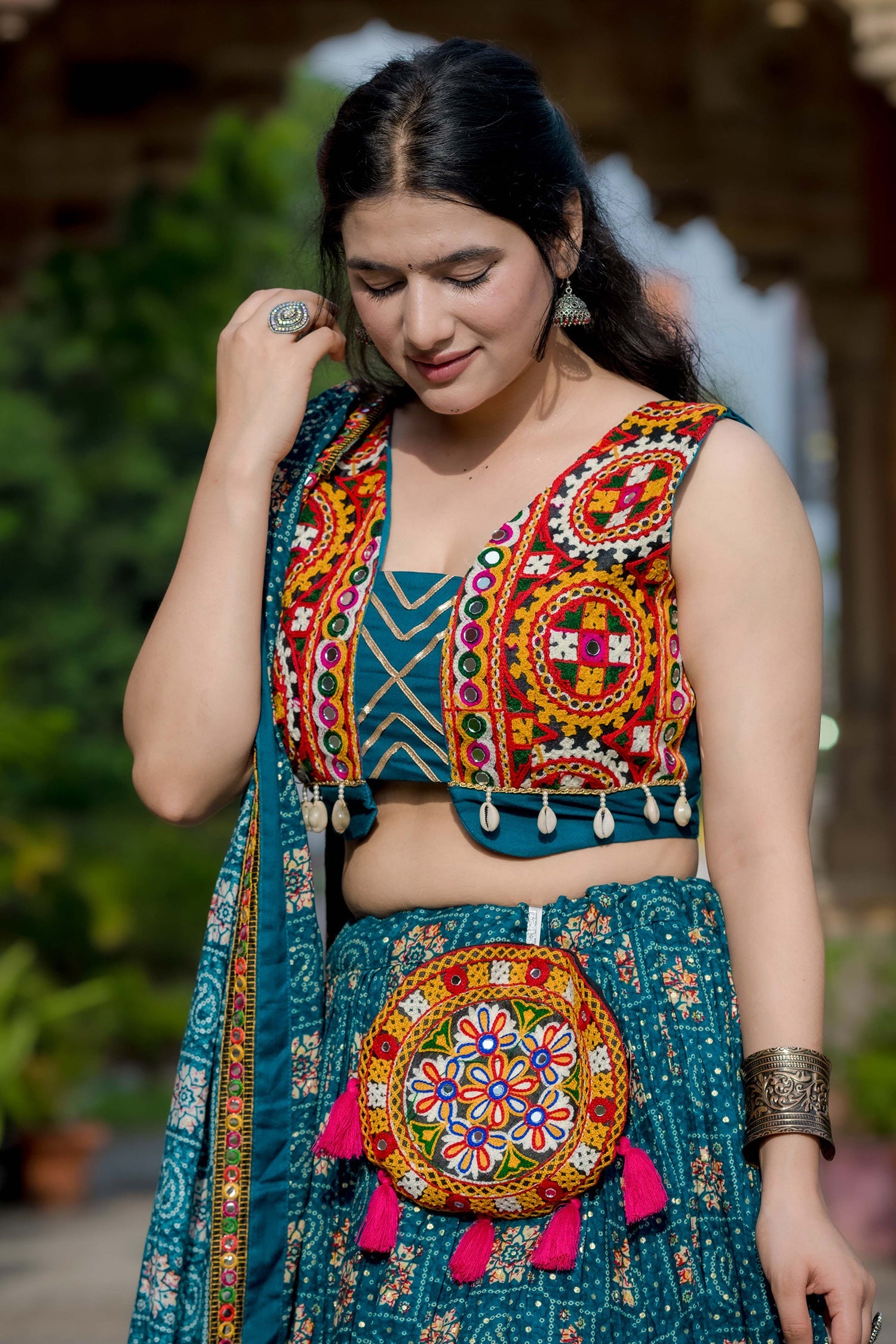 Rama Blue Rayon Printed Chaniya Choli with Kachchi Work
