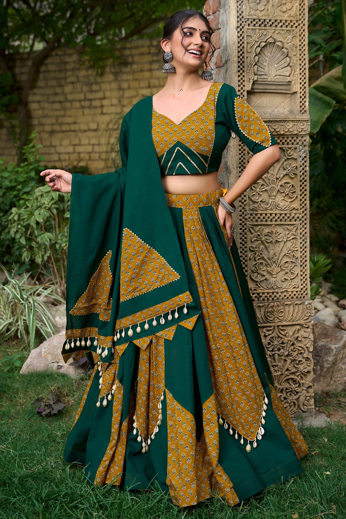 Green and Mustard Rayon Printed Chaniya Choli with Shell Detailing