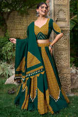 Green and Mustard Rayon Printed Chaniya Choli with Shell Detailing