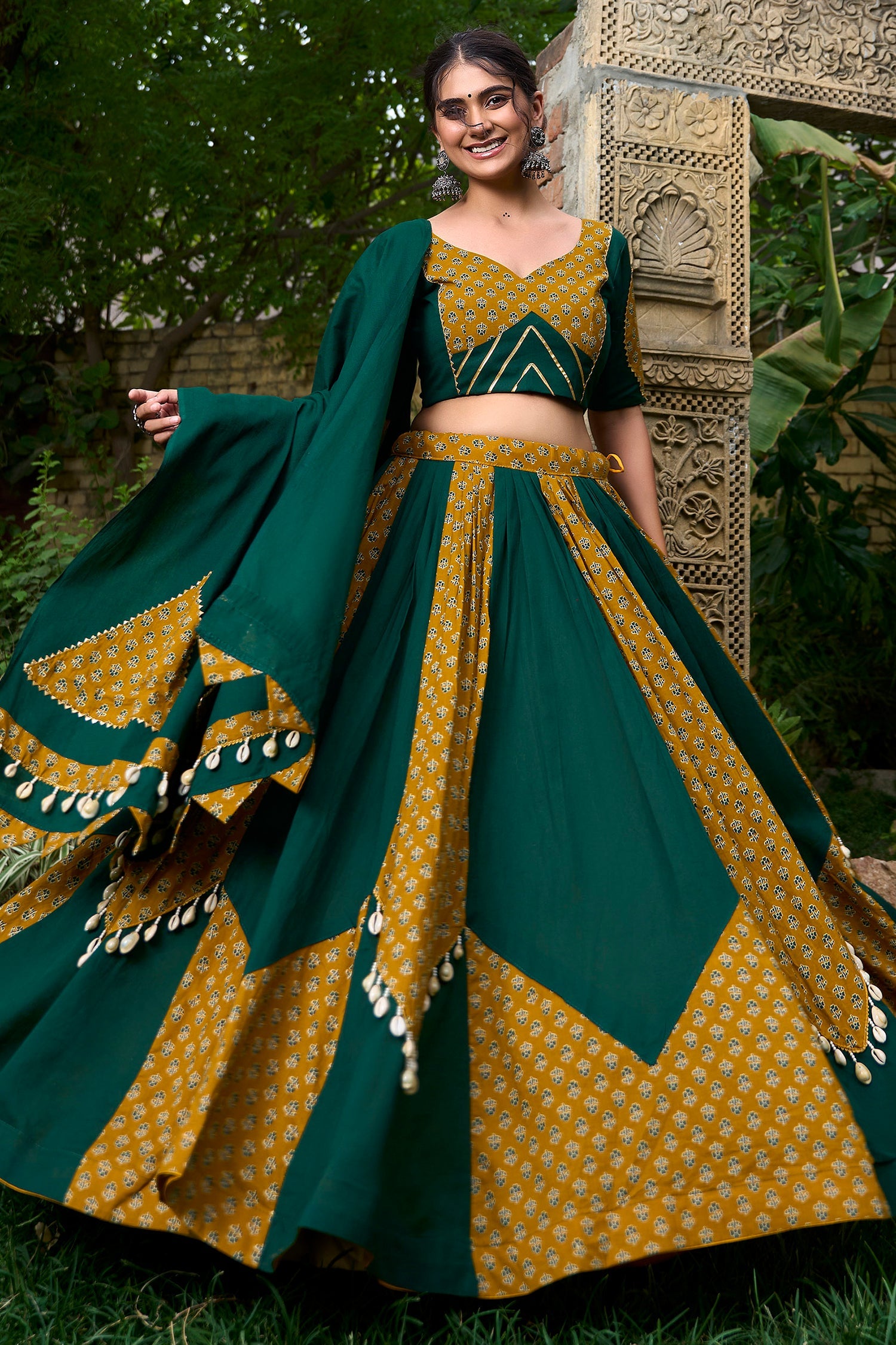 Green and Mustard Rayon Printed Chaniya Choli with Shell Detailing