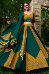 Green and Mustard Rayon Printed Chaniya Choli with Shell Detailing
