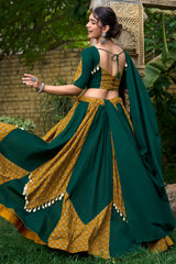 Green and Mustard Rayon Printed Chaniya Choli with Shell Detailing