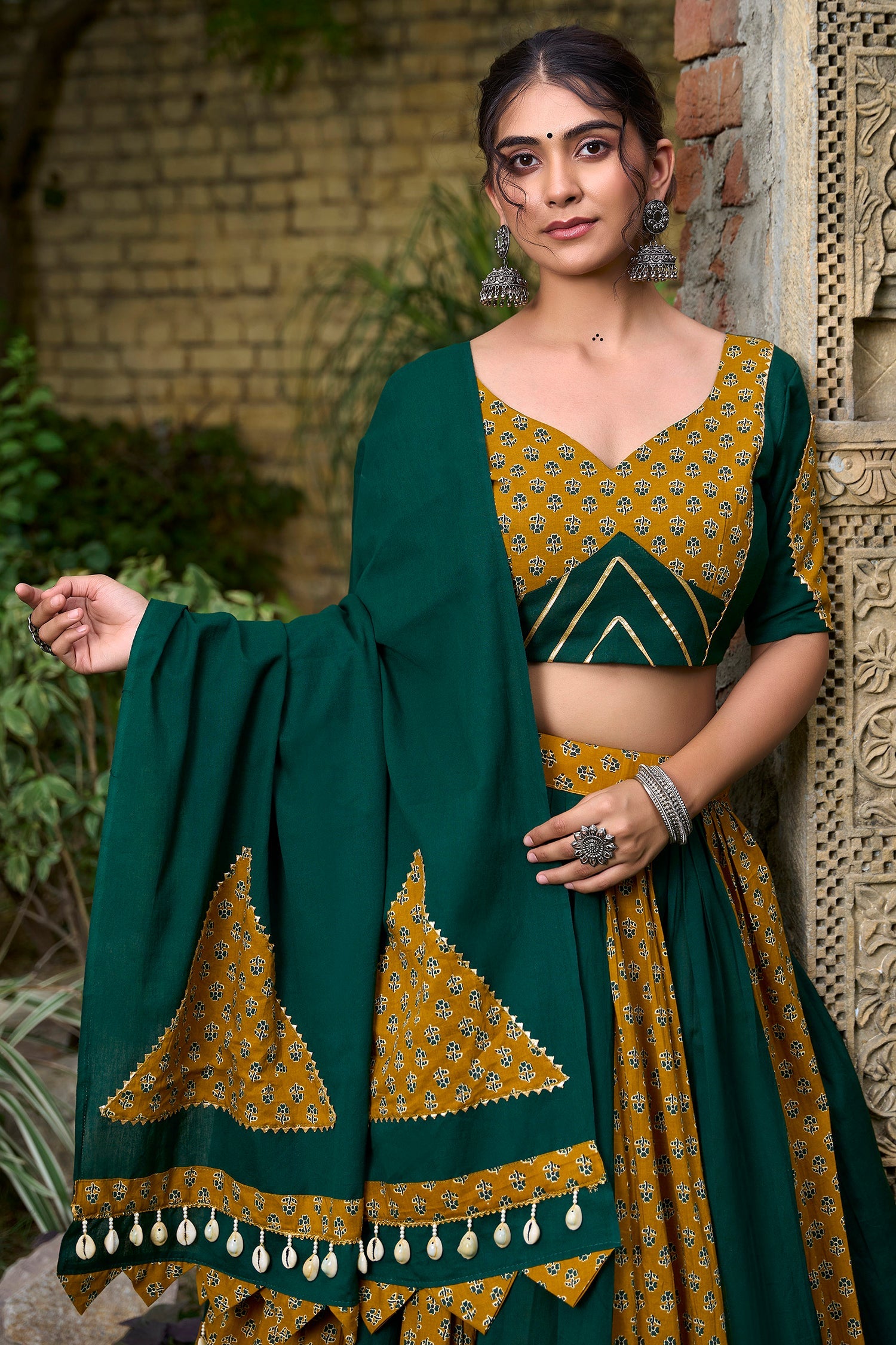 Green and Mustard Rayon Printed Chaniya Choli with Shell Detailing