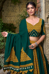 Green and Mustard Rayon Printed Chaniya Choli with Shell Detailing