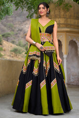 Black and Green Rayon Kachchi Worked Chaniya Choli with Shell Detailing