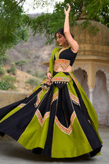 Black and Green Rayon Kachchi Worked Chaniya Choli with Shell Detailing
