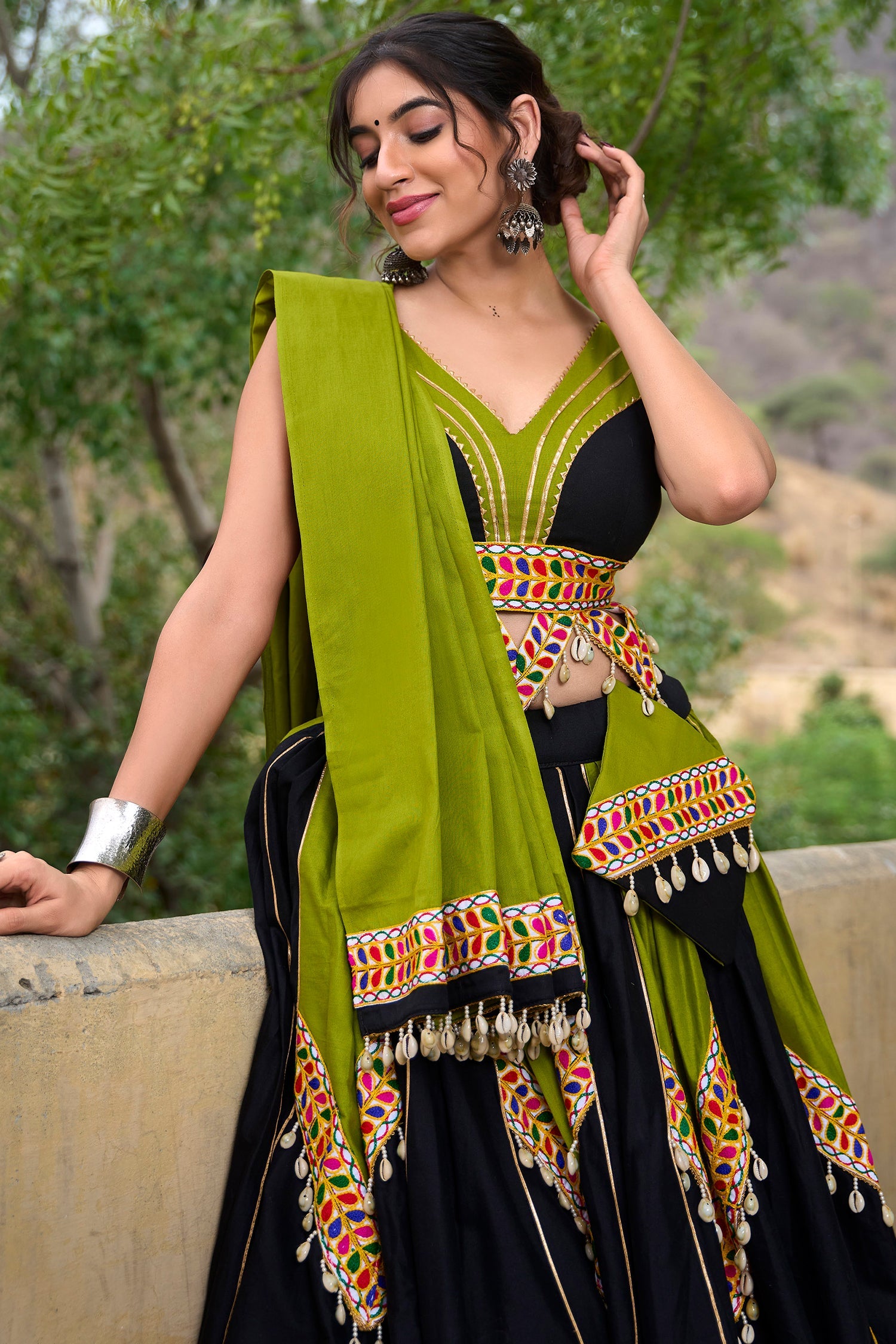 Black and Green Rayon Kachchi Worked Chaniya Choli with Shell Detailing